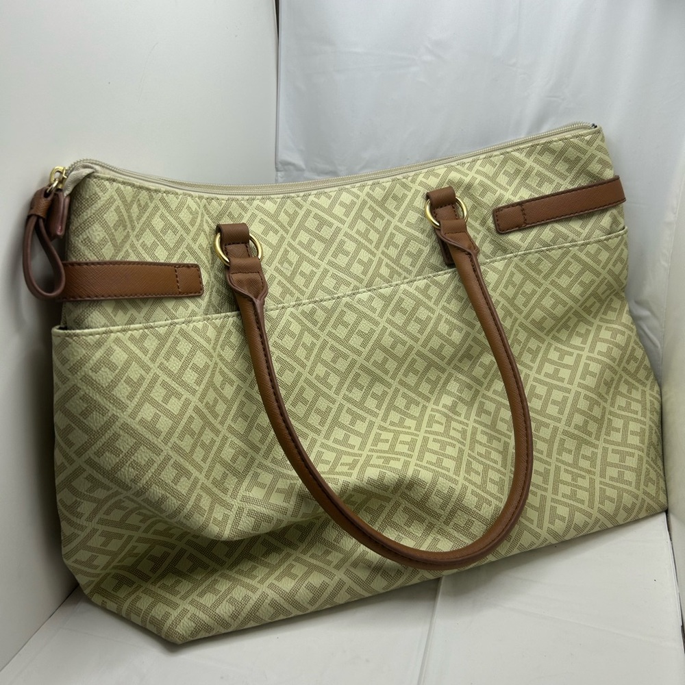 Tommy Hilfiger Logo Tote Shoulder Handbag Picketbook Purse Large Beige